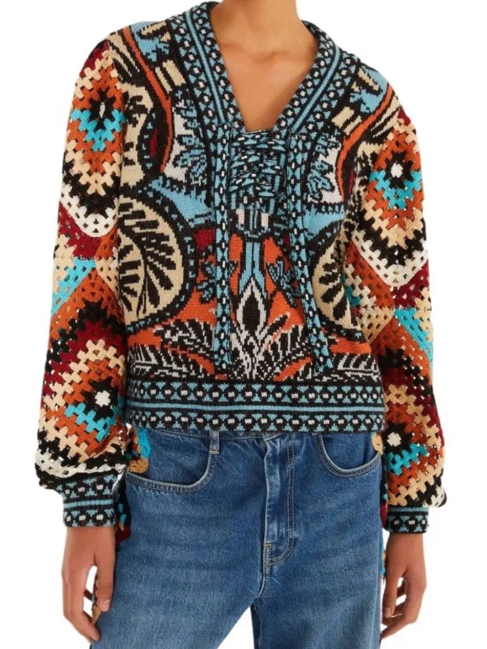 Farm Rio crochet-construction V-neck sweater XXS